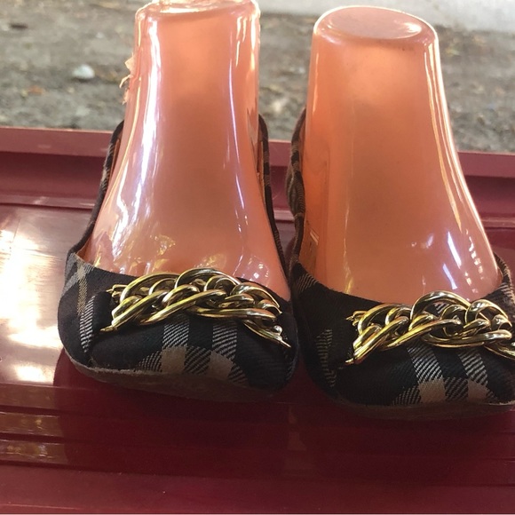 Sam Eldelman Womes Brown Gray Black Plaid w/Gold Chain Ballet Sandals Size 6M - Picture 2 of 11